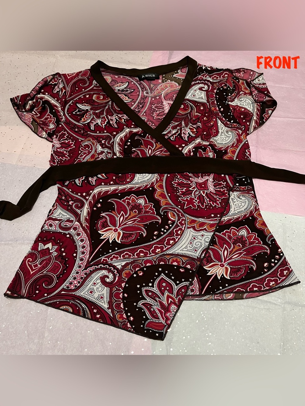 A. Byer Burgundy Print Asymmetrical Tie Back Top